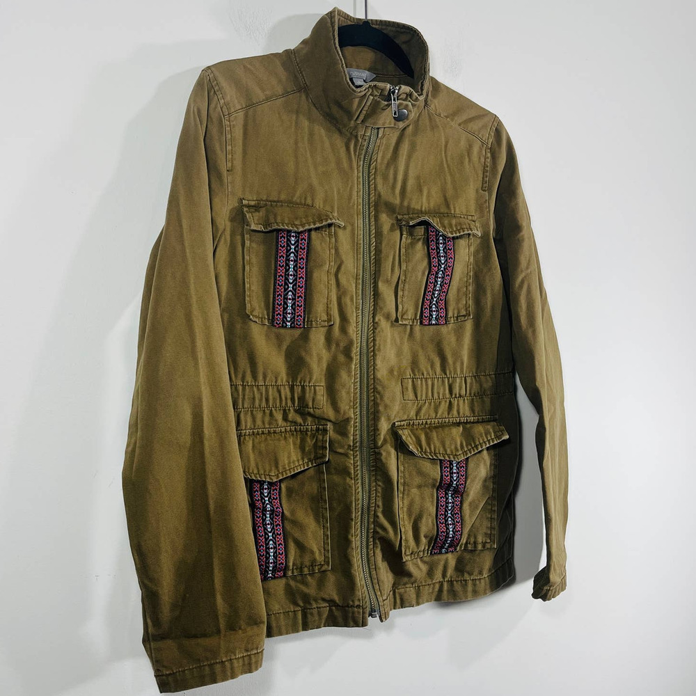 Rubbish Womens Small‎ Olive Green Mock Neck Aztec Pockets Utility Jacket